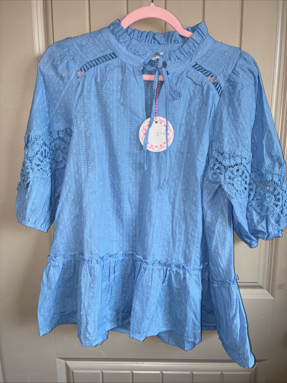 Umgee Light Blue Crochet Lace Peasant Blouse